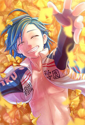  1boy :d ^_^ ahoge arm_up autumn_leaves biker_clothes blue_hair closed_eyes collarbone commentary_request cycling_uniform fingerless_gloves foreshortening ginkgo_leaf ginkgo_tree gloves highres leaf lying ma_san_yp manami_sangaku on_back open_clothes open_mouth open_shirt shirt smile stomach sweat sweatdrop wet yowamushi_pedal 