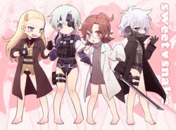  4girls 50yen_(gojiue) :d bare_legs barefoot blue_eyes blush_stickers brown_eyes brown_hair chibi coat commentary copyright_name english_text eyepatch fingerless_gloves forehead genderswap_(mtf) glasses gloves green_eyes hair_ornament hal_emmerich headband lab_coat liquid_ocelot long_hair looking_at_viewer metal_gear_(series) metal_gear_solid metal_gear_solid_4:_guns_of_the_patriots multiple_girls necktie oerba_yun_fang old_snake open_clothes open_mouth panties pigeon-toed pointing popped_collar raiden_(metal_gear) rule_63 sleeves_past_wrists smile standing sweatdrop sweet_snake turtleneck underwear zoom_layer 