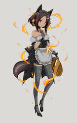  animal_ears apron bad_id bad_pixiv_id black_dress black_gloves black_thighhighs brown_hair dark-skinned_female dark_skin detached_sleeves dress female gloves hand_on_own_chest high_heels maid maid_apron maid_headdress off_shoulder original personification photoshop_(medium) red_eyes sample_watermark short_dress short_hair solo syno tail thighhighs watermark wolf_ears wolf_girl wolf_tail zettai_ryouiki 