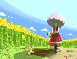  2girls ascot backlighting bandages black_sclera blonde_hair blue_sky boots cloud collared_shirt colored_sclera commentary dated day evil_eyes field flower flower_field flowey_(undertale) gapangman garden_of_the_sun glowing glowing_eye grass green_hair hair_ribbon hiding hiding_behind_another kazami_yuuka medicine_melancholy multiple_girls one-eyed outdoors pantyhose parasol peeking_out photoshop_(medium) plaid plaid_skirt plaid_vest purple_shirt red_eyes red_footwear red_skirt ribbon ribbon-trimmed_skirt ribbon_trim shaded_face shadow shirt shoes short_hair signature skirt sky smile su-san sunflower sunflower_field sunlight touhou triangle_mouth umbrella undertale vest white_legwear white_shirt yellow_flower yellow_pupils 