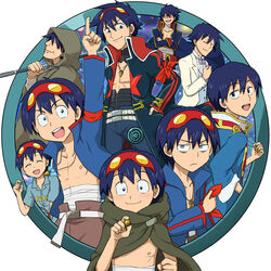  1boy age_progression aged_down aged_up blue_hair cloak commentary_request garlock_simon goggles goggles_on_head multiple_persona old pointing simon_(ttgl) smile spoilers supinosu tengen_toppa_gurren_lagann 