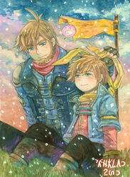  2boys bad_id bad_pixiv_id beard blonde_hair blue_eyes facial_hair father_and_son golden_sun golden_sun:_dark_dawn gomadori isaac_(golden_sun) jacket male_focus matthew_(golden_sun) multiple_boys scarf 