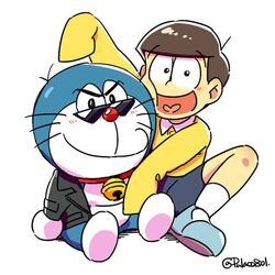  2boys bad_id bad_twitter_id color_connection cosplay creator_connection doraemon doraemon_(character) heart heart_in_mouth jacket male_focus matsuno_jyushimatsu matsuno_karamatsu matsuno_karamatsu_(cosplay) multiple_boys nobi_nobita nobi_nobita_(cosplay) osomatsu-kun osomatsu-san osomatsu_(series) pulaco robot shorts simple_background sitting sleeves_past_wrists sunglasses sweater twitter_username white_background 