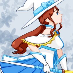  belinda_(sennen_sensou_aigis) blue_eyes bow brown_hair commentary_request female hat hat_bow long_hair nobirundesu profile sennen_sensou_aigis solo staff witch_hat 