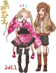  2013 2girls akeome araki_fuu blonde_hair blue_eyes boots brown_eyes brown_hair chuunibyou_demo_koi_ga_shitai! commentary_request dated dekomori_sanae floral_print food frills fruit giggling happy_new_year jacket japanese_clothes kimono lolita_fashion long_hair mandarin_orange multiple_girls new_year nibutani_shinka one_eye_closed orange_(fruit) partial_commentary salute side_ponytail simple_background thighhighs translated twintails v wa_lolita white_background zettai_ryouiki 