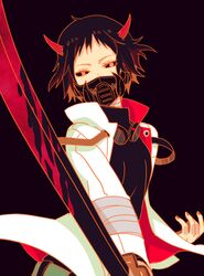  animated animated bandages belt black_background black_hair black_sclera blood bloody_weapon fingernails gas_mask headphones headphones_around_neck holding holding_sword holding_weapon horns jacket katana long_sleeves md5_mismatch nail_polish oni_horns orange_eyes orange_nails original popped_collar rosel-d short_hair simple_background solo sword ugoira weapon 