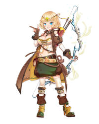  :d arrow_(projectile) belt blonde_hair blue_eyes blush bow_(weapon) breasts brown_gloves circlet cleavage commentary_request contrapposto female fingerless_gloves full_body gloves hand_up high_heels highres holding holding_bow_(weapon) holding_weapon kneehighs legs_apart looking_at_viewer medium_breasts miemia navel official_art open_mouth puffy_shorts quiver royal_flush_heroes shorts simple_background smile socks solo standing weapon white_background white_socks 