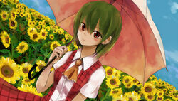  ascot blush commentary_request day dutch_angle female field flower flower_field green_hair kazami_yuuka kuma_panda plaid plaid_skirt plaid_vest red_eyes short_hair skirt skirt_set smile solo sunflower sunflower_field touhou umbrella vest 