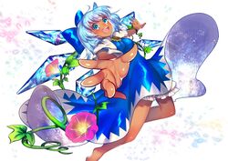  :d absurdres bad_id bad_twitter_id bare_legs barefoot blue_bow blue_dress blue_eyes blue_hair bow cirno commentary_request dark-skinned_female dark_skin dress female flower foreshortening hairbow highres ice looking_at_viewer mozu_1oo open_mouth short_hair short_sleeves smile solo space_print starry_sky_print sunflower tan tanned_cirno touhou 