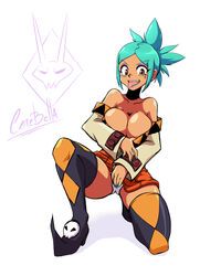  :p aqua_hair aqua_lips aqua_nails argyle bare_shoulders boots breasts brown_eyes cerebella_(skullgirls) choker cleavage commentary_request covering_crotch covering_privates dark-skinned_female dark_skin detached_sleeves dress eyeshadow female highres large_breasts lipstick makeup nail_polish no_headwear off-shoulder_dress off_shoulder on_one_knee panties pantyshot pointy_footwear saliva shadowbug_x shoes short_dress short_hair skullgirls solo thigh_boots thighhighs tongue tongue_out underwear vice-versa_(skullgirls) white_panties 