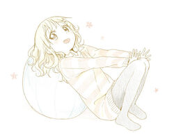  :d ball blonde_hair brown_eyes colored_skin dress exercise_ball female flower full_body hair_ornament hairclip jpeg_artifacts leaning_back leaning_on_ball leaning_on_object long_sleeves looking_at_viewer namori no_shoes oomuro_sakurako open_mouth outstretched_arms pantyhose partially_colored short_hair simple_background smile solo striped_clothes striped_sweater sweater sweater_dress tareme wavy_hair white_background white_skin yuru_yuri 