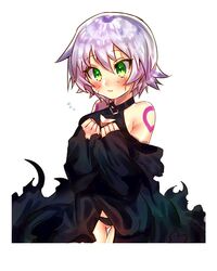  :&gt; bad_id bad_twitter_id bare_shoulders black_panties black_robe black_shirt blush breasts cleavage closed_mouth commentary_request cowboy_shot fate/apocrypha fate_(series) female flying_sweatdrops green_eyes hair_between_eyes hands_up head_tilt jack_the_ripper_(fate/apocrypha) mozu_1oo panties purple_hair robe scar scar_across_eye scar_on_cheek scar_on_face shirt short_hair simple_background small_breasts solo underwear white_background 