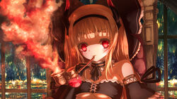  air_bubble bad_id bad_pixiv_id bandeau bare_shoulders black_bow black_gloves blonde_hair blunt_bangs blush bow breasts bubble chair choker collar collarbone commentary detached_sleeves english_commentary eyebrows eyelashes fake_horns female frilled_collar frilled_sleeves frills gloves hairbow headband highres horns lace_trim liquid long_hair looking_at_viewer medium_breasts original red_eyes ruru_ashihara sidelocks smoke smoking smoking_pipe solo strapless underboob upper_body window 