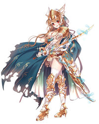  :d armor armored_dress blue_cape blue_gloves blush boots breasts brown_hair cape cleavage commentary_request electricity faulds female fingerless_gloves full_body gloves greaves highres holding holding_sword holding_weapon jewelry knee_boots long_hair looking_at_viewer medium_breasts miemia necklace official_art open_mouth pauldrons red_eyes royal_flush_heroes sheath shoulder_armor simple_background smile solo sword thighhighs torn_cape torn_clothes visor_(armor) weapon white_background white_thighhighs 