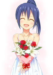  bad_id bad_pixiv_id blue_hair blush bouquet closed_eyes date_a_live dress female flower mole photoshop_(medium) ponytail shiwasuzuki short_hair smile solo takamiya_mana 