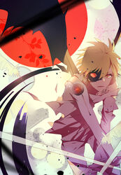  1boy bandages bat_wings black_wings blonde_hair body_writing commentary_request dark-skinned_male dark_persona dark_skin extra_eyes feathers hair_between_eyes heterochromia long_sleeves looking_at_viewer male_focus moon noragami off_shoulder orange_eyes pants photoshop_(medium) red_moon slit_pupils solo teeth torn_clothes wings yellow_eyes yukine_(noragami) zxs1103 