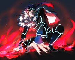  1boy armor bad_id bad_pixiv_id black_footwear black_nails blindfold blue_hair blurry commentary_request covered_eyes cu_chulainn_(fate) cu_chulainn_(prisma_illya) depth_of_field fate/kaleid_liner_prisma_illya fate_(series) fingernails fire floating_hair from_below full_body fur_trim gae_bolg_(fate) glowing hametusinn holding holding_weapon light_particles long_sleeves low_ponytail male_focus multicolored_hair nail_polish one_eye_closed polearm ponytail red_hair sharp_fingernails sharp_teeth shoes solo spear tail teeth two-tone_hair weapon 