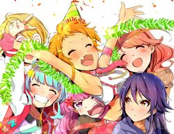  6+girls @_@ anger_vein armpits blonde_hair blue_hair blush brown_eyes brown_hair closed_eyes commentary_request garland_(decoration) glasses grin hanyuuda_mito hat kotobuki_qruit long_hair misonoo_mana multicolored_hair multiple_girls nanasaki_nicole oerba_yun_fang open_mouth outstretched_arms party pink_hair purple_hair short_hair smile sodeno_botan spread_arms tokyo_7th_sisters v wakaouji_rui yusa_memoru 