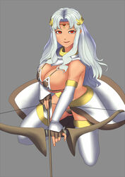  arrow_(projectile) bare_shoulders bow_(weapon) breasts cleavage commentary_request daniella_(sennen_sensou_aigis) dark-skinned_female dark_skin female fingerless_gloves full_body gloves headband kneeling large_breasts legs light_green_hair looking_at_viewer red_eyes sennen_sensou_aigis solo thighs weapon white_legwear yui_sora 