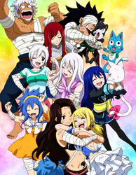  2boys 6+girls bandage cana_alberona charle_(fairy_tail) elfman elfman_strauss erza_scarlet fairy_tail gajeel_redfox happy happy_(fairy_tail) hug levy_mcgarden lisanna lisanna_strauss lucy_heartfilia mirajane mirajane_strauss multiple_boys multiple_girls pantherlily pantyhose smile wendy_marvell 