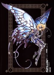  1boy armor armored_boots black_background blonde_hair boots butterfly_wings future_studio_(artist) gauntlets gloves highres insect_wings male_focus open_mouth papillon_myu saint_seiya solo wings 