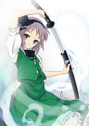  black_hairband commentary_request cosplay female ghost hairband katana konpaku_youmu konpaku_youmu_(cosplay) konpaku_youmu_(ghost) nagato_yuki rokujou_jun short_hair solo suzumiya_haruhi_no_yuuutsu sword touhou weapon 