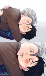  2boys black_hair blush brown_eyes coat commentary_request couple eye_contact gearous gloves green_eyes grey_hair hug katsuki_yuuri kissing looking_at_another male_focus multiple_boys skate smile viktor_nikiforov yaoi yuri!!!_on_ice 