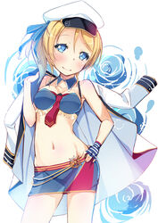  alternate_costume ayase_eli blonde_hair blue_eyes commentary_request cowboy_shot female fingerless_gloves gloves hat jacket jacket_over_shoulder kurozu looking_at_viewer love_live! love_live!_school_idol_festival love_live!_school_idol_project midriff navel necktie short_hair skirt smile solo standing unworn_jacket white_background 