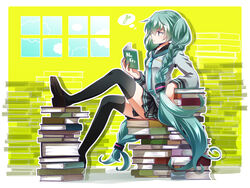  arm_support book braid commentary_request female green_hair hair_over_shoulder hatsune_miku long_hair necktie reading sailor_collar skirt solo spring_onion thighhighs tsujiori twin_braids twintails very_long_hair vocaloid 