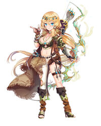  arrow_(projectile) asymmetrical_clothes asymmetrical_legwear belt blonde_hair blue_eyes blush bow_(weapon) breasts brown_gloves circlet cleavage commentary_request contrapposto crop_top female fingerless_gloves full_body gem gloves hand_up high_heels highres holding holding_bow_(weapon) holding_weapon jewelry leg_warmers legs_apart long_hair looking_at_viewer medium_breasts midriff miemia navel necklace official_art parted_lips quiver royal_flush_heroes simple_background single_pantsleg smile solo standing thigh_strap toeless_legwear uneven_legwear very_long_hair weapon white_background white_legwear 