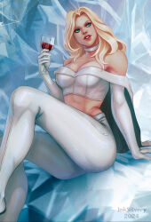  alcohol artist_name blonde_hair blue_eyes breasts choker cleavage cup dated drinking_glass elbow_gloves emma_frost female gloves highres holding holding_cup inksilvery long_hair looking_to_the_side marvel medium_breasts midriff pants red_wine sitting solo white_bustier white_choker white_gloves white_pants wine wine_glass x-men 