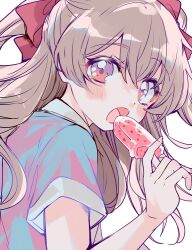  asako_(itiba) blue_shirt blush bow brown_hair delicious_party_precure eyelashes female food gradient_eyes hair_between_eyes hairbow holding holding_food holding_popsicle long_hair looking_at_viewer multicolored_eyes nagomi_yui open_mouth popsicle precure purple_eyes red_bow red_eyes shirt short_sleeves simple_background solo tareme two_side_up upper_body white_background 