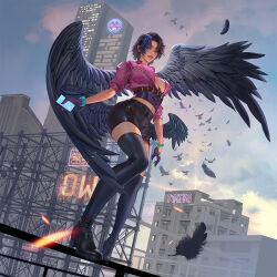  asymmetrical_legwear belt bird black_footwear black_hair black_skirt black_wings blue_sky boots bracelet breasts breasts_apart building cloud contrapposto cross-laced_clothes crow curtained_hair english_commentary falling_feathers fan_yang_(jiuge) feathered_wings feathers female forehead full_body gloves green_eyes grin half_gloves high-waist_skirt high_heel_boots high_heels holding holding_phone jewelry large_breasts large_wings looking_at_viewer low_wings multiple_wings original outdoors outstretched_arm parted_bangs parted_lips phone pink_shirt pink_sleeves purple_gloves railing red_lips shirt short_hair short_sleeves skirt sky smile solo sparks teeth tokyo_(city) wings 