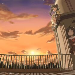  2girls acoustic_guitar cigarette_butt guitar instrument kida_emiri kinutani_kanata multiple_girls rooftop sky sumadera_yukio sunset tenshi_no_inai_12-gatsu 