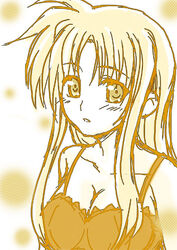  breasts cleavage fate_testarossa female long_hair lyrical_nanoha mahou_shoujo_lyrical_nanoha_strikers medium_breasts monochrome solo yellow_theme yuki_mashiro 