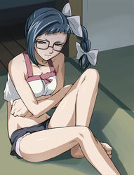  asatte_no_houkou bare_legs braid breast_hold breasts camisole female glasses haruyama_kazunori nogami_shouko side_braid side_ponytail solo sweat undersized_clothes 