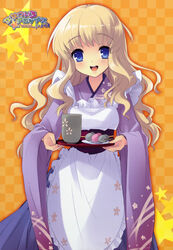  absurdres apron blonde_hair blue_eyes cup dango female food highres ito_noizi japanese_clothes koiwai_flora nanatsuiro_drops smile solo wagashi wavy_hair 