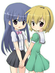  2girls aikei blonde_hair blue_hair bow furude_rika green_skirt hairband higurashi_no_naku_koro_ni hime_cut holding_hands houjou_satoko interlocked_fingers long_hair looking_at_viewer looking_back multiple_girls pink_bow pleated_skirt puffy_sleeves red_eyes sailor_collar school_uniform shirt short_hair short_sleeves skirt suspender_skirt suspenders very_long_hair 