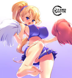  barefoot blonde_hair blue_eyes breasts cheerleader copyright_request covered_nipples feet female gunner-l huge_breasts no_panties panties pom_pom_(cheerleading) ponytail school_uniform soles solo toes underwear upskirt 