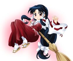  artist_request black_hair broom female hair_ribbon hakama hakama_skirt japanese_clothes long_hair machi_(nagasarete_airantou) miko nagasarete_airantou red_eyes red_hakama ribbon skirt solo very_long_hair 