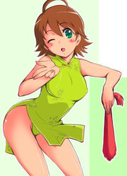  ahoge awakened_miki breasts brown_hair china_dress chinese_clothes covered_nipples dress female green_eyes green_shirt hoshii_miki idolmaster idolmaster_(classic) idolmaster_1 medium_breasts one_eye_closed seki_suzume shirt solo 