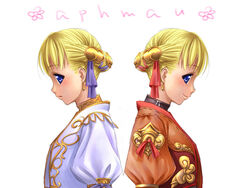  2girls aphmau back-to-back bad_link blonde_hair blue_eyes closed_mouth earrings final_fantasy final_fantasy_xi from_side hair_ornament hair_ribbon hume jewelry long_hair looking_at_viewer multiple_girls multiple_views parted_lips profile puffy_sleeves purple_ribbon red_ribbon ribbon simple_background smile symmetrical_pose tori_(torinchi) upper_body white_background 