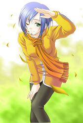  ;) aizawa_kotarou blue_hair female green_eyes kashiwagi_haruko leaf muv-luv one_eye_closed scarf short_hair smile solo 