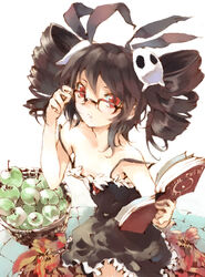  adjusting_eyewear apple bare_shoulders basket black-framed_eyewear black_dress black_ribbon book darkness_iii downblouse dress drill_hair female flat_chest flower food fruit gem glasses hair_ornament hair_ribbon holding holding_book long_hair looking_at_viewer open_book parted_lips pavement personification red_eyes ribbon shunsei_(muratou) skull_hair_ornament solo strap_gap strap_slip twin_drills twintails upper_body viprpg 