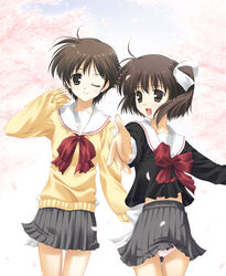  2girls :d ;) ahoge antenna_hair ass_visible_through_thighs black_hair black_serafuku blush bow breasts brown_eyes cardigan cherry_blossoms closed_mouth cowboy_shot day foreshortening grey_skirt hair_ribbon hand_up happy hazuki_maho igul kida_emiri light_smile looking_at_viewer midriff midriff_peek miniskirt multiple_girls navel one_eye_closed one_side_up open_mouth outdoors outstretched_arm outstretched_arms panties pantyshot petals pink_panties pleated_skirt red_bow ribbon school_uniform serafuku shirt short_hair skirt sky sleeves_past_wrists small_breasts smile standing tenshi_no_inai_12-gatsu thigh_gap tree underwear white_bow white_ribbon 