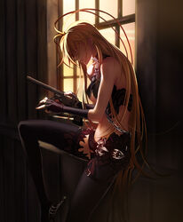  ahoge belt blonde_hair breasts chains donne_anonime female fingerless_gloves gloves gun handgun highres leaning legs lips long_hair long_legs medium_breasts nishii_(damnedrive) photoshop_(medium) remington_arms remington_new_model revolver solo sunset thighhighs thighs underboob very_long_hair weapon window zoku_satsuriku_no_django 