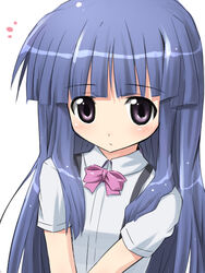  aikei blue_hair bow closed_mouth expressionless female furude_rika higurashi_no_naku_koro_ni long_hair looking_at_viewer neck_ribbon pink_bow purple_eyes ribbon school_uniform shirt short_sleeves simple_background solo suspenders upper_body v_arms very_long_hair 