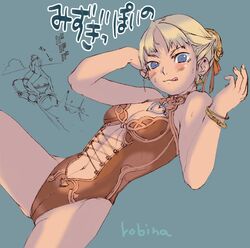  :q aphmau bad_link bare_shoulders blonde_hair blue_background blue_eyes blush bracelet breasts brown_one-piece_swimsuit casual_one-piece_swimsuit cleavage cross-laced_clothes cross-laced_one-piece_swimsuit earrings female final_fantasy final_fantasy_xi fingernails hair_ribbon hands_up hume jewelry licking_lips midriff navel one-piece_swimsuit orange_ribbon ribbon robina short_hair small_breasts solo spread_legs swimsuit tongue tongue_out 