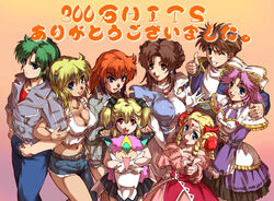  6+girls asymmetrical_clothes belt blonde_hair bow breasts brown_hair character_doll cleavage denim dress everyone green_hair headband hisahiko ibis_douglas irui_guneden jeans large_breasts latooni_subota lune_zoldark masaki_andoh medium_breasts multiple_girls pants pink_hair red_hair ryuusei_date shine_hausen single_pantsleg smile super_robot_wars super_robot_wars_original_generation tank_top twintails valsione 