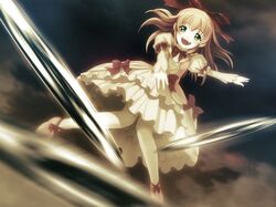  blonde_hair female frills gekkou_no_carnevale green_eyes iris_(gekkou_no_carnevale) knife oosaki_shin&#039;ya pantyhose ribbon solo throwing throwing_knife weapon 